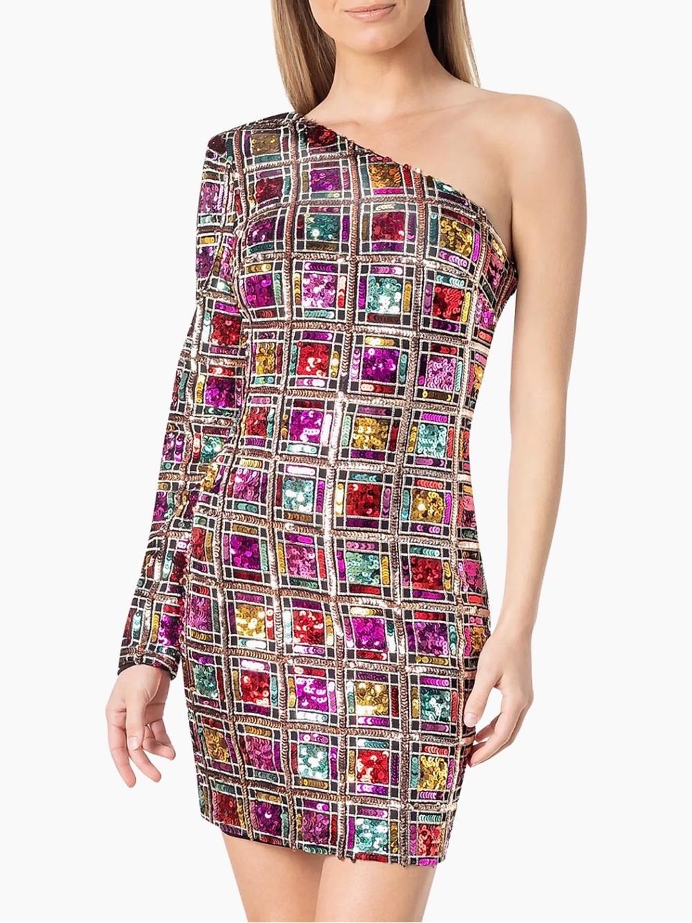 NWOT Dress the Population “Serena” one-shoulder sequin mini dress